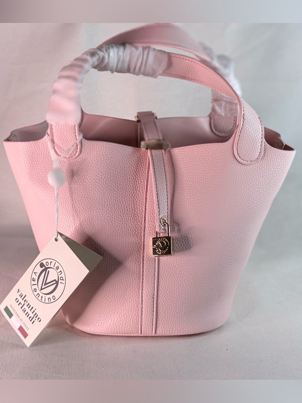 Pink Pebbled Vegan Leather Bucket Bag
